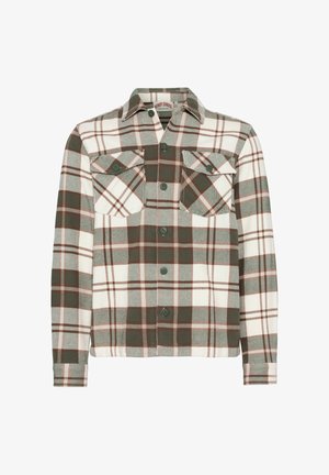 Langermet skjorte med knappestolpe i grønn, brun og hvit rutete mønster, to brystlommer med knappelokk og spiss krage.