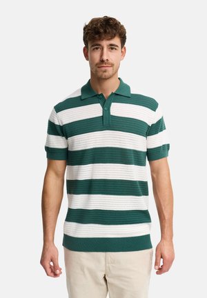 Homme debout, face à l'avant, portant un polo à manches courtes à larges rayures vertes et blanches, et un pantalon beige clair.