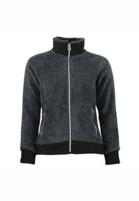 Giacca in pile di colore grigio scuro con colletto alto e zip completa. Presenta polsini e orlo neri, tasche laterali e una superficie testurizzata.