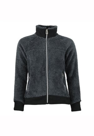 Giacca in pile di colore grigio scuro con colletto alto e zip completa. Presenta polsini e orlo neri, tasche laterali e una superficie testurizzata.