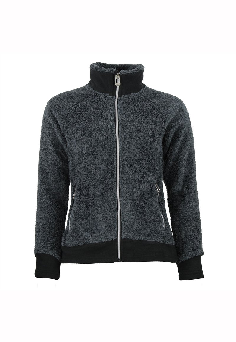 Giacca in pile di colore grigio scuro con colletto alto e zip completa. Presenta polsini e orlo neri, tasche laterali e una superficie testurizzata.