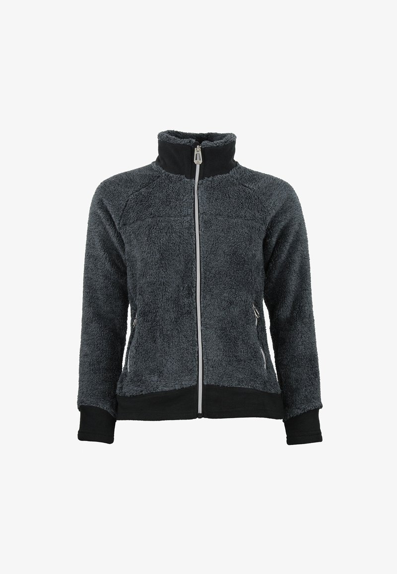 Giacca in pile di colore grigio scuro con colletto alto e zip completa. Presenta polsini e orlo neri, tasche laterali e una superficie testurizzata.