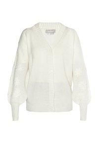 Weißer Strickcardigan mit V-Ausschnitt, Knopfverschluss und strukturierten Puffärmeln mit floralen Mustern. Aus weichem, leichtem Material.