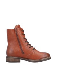 Bottine en cuir marron avec un laçage frontal, une fermeture éclair latérale et un petit talon. Fini texturé avec des détails de couture visibles.