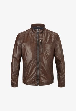 Braune Lederjacke mit Stehkragen, frontalem Reißverschluss, Reißverschluss-Brusttasche und seitlichen Taschen. Glatte Textur und taillierte Passform.