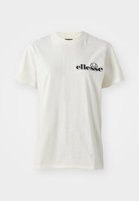 Biela bavlnená tričko s okrúhlym výstrihom a krátkymi rukávmi, na ľavej strane s čiernym logom "ellesse". Mäkka textúra, uvoľnený strih.