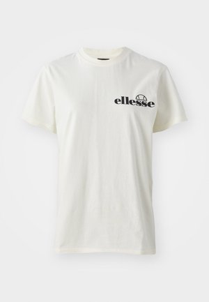 T-shirt bianco in cotone con colletto rotondo e maniche corte, con logo nero "ellesse" sul lato sinistro. Tessuto morbido, vestibilità rilassata.