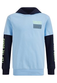 Ljusblå huvtröja med marinblå långa ärmar, neon-gul text "SLIDING RAMPS GRINDING RAILS" på bröstet och "FLIP THE BOARD" på ärmarna.