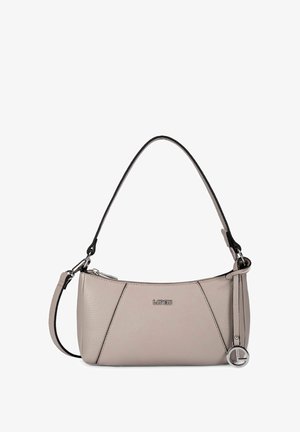 Petit sac à main en cuir beige avec une petite bandoulière noire, une fermeture éclair argentée et un charm métallique rond, marqué du logo L.CREDI sur le devant.