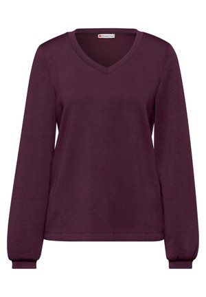 V-Ausschnitt, langärmeliger Pullover in Dunkelpurpur, aus weichem Material mit glatter Textur gefertigt. Mit enganliegenden Manschetten und einem lässigen Schnitt ausgestattet.
