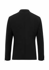 Zwarte blazer met een enkele split, rechte snit en lange mouwen. Heeft klassieke inkeping revers en knoopaccenten op de manchetten.