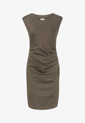 Olive green sleeveless dress made of soft, textured fabric, featuring side ruching and a round neckline. Mid-thigh length.