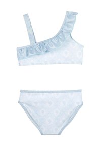 Completo da bagno azzurro chiaro composto da un top a spalla unica con volant e un fondo stampato. Materiale morbido con dettagli lucidi.