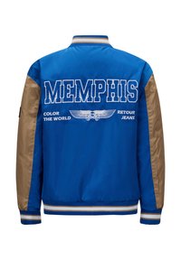 Giubbotto bomber blu con maniche beige. Presenta il testo audace in bianco "MEMPHIS" e dettagli grafici sul retro. Collo e polsini a costine.
