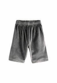 Shorts din catifea gri cu talie elastică, având o textură ribbed verticală și o croială relaxată. Fără buzunare sau detalii suplimentare.