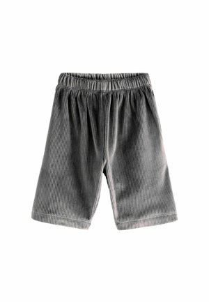 Shorts en velours côtelé gris avec taille élastique, présentant une texture côtelée verticale et une coupe décontractée. Pas de poches ni de détails supplémentaires.