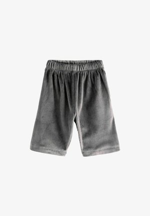 Graue Kordshorts mit elastischem Bund, vertikalen Rippungen, Oberschenkel-langer Länge und einer durchgehend weichen Textur.