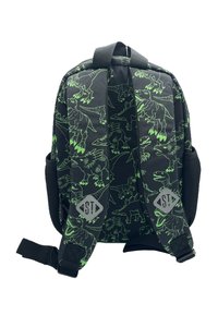 Schwarzer Rucksack mit grünen Dinosauriermotiven, gepolsterten Trägern und grauen Logo-Details. Besteht aus robustem Material und hat ein funktionales Design.