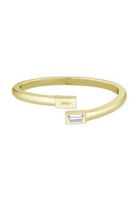 Bracciale rigido in tono oro con un design elegante e arrotondato. Presenta un accento di pietra trasparente rettangolare e dettagli incisi con il logo "BOSS".