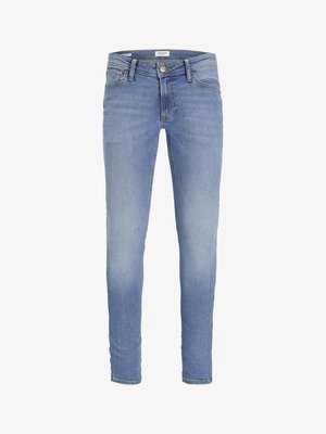 Light blue slim-fit jeans with front button, zipper, belt loops, and five-pocket design.