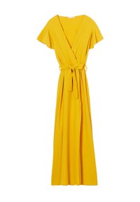 Yellow wrap-style dress with short flutter sleeves, deep V-neck, matching fabric belt at the waist, and flowing maxi length. Soft texture.
