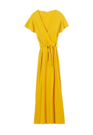 Yellow wrap-style dress with short flutter sleeves, deep V-neck, matching fabric belt at the waist, and flowing maxi length. Soft texture.