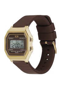 Montre numérique avec un cadran rectangulaire doré, un bracelet en silicone marron et un écran LCD affichant l'heure et divers réglages. Résistante à l'eau jusqu'à 30 m.