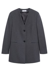 Veste blazer femme gris foncé à manches longues, col en V, deux boutons devant et poches fendu des deux côtés.