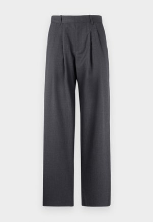 Szare dopasowane spodnie z prostymi nogawkami, plisowanym przodem i teksturowanym wykończeniem, z paskami na paski w talii.