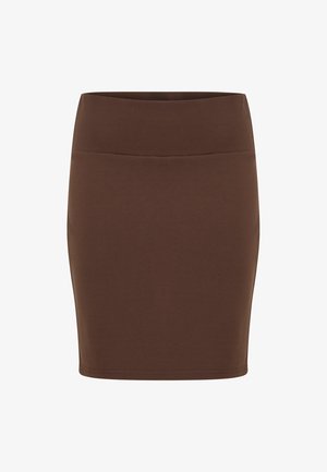 Ruskea, polven mittainen hame, jossa on sileä pinta ja leveä vyötärönauha. Yksinkertainen muotoilu, ei kuvioita tai lisävarusteita näkyvissä.