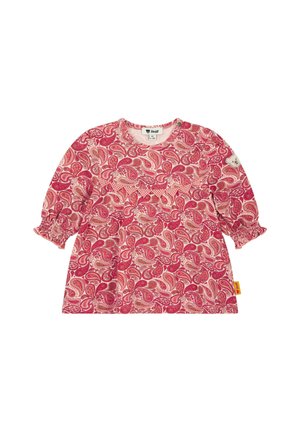 Langärmliges Oberteil mit einem roten und rosa Paisleymuster, mit gerafften Bündchen, rundem Ausschnitt und einem Etikett auf der linken Seite. Aus einem Baumwollgemisch.