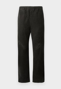 Black corduroy pants with a straight leg design, featuring an elastic waistband and two side pockets for practicality.