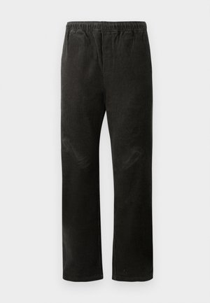 Black corduroy pants with a straight leg design, featuring an elastic waistband and two side pockets for practicality.