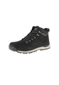 Black synthetic mid-top shoe with grey accents, textured upper, lace-up design, traction outsole, and logo on the side.