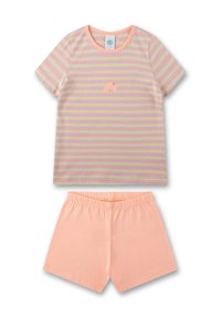 Gestreiftes Pyjama-Set in Pastellfarben; kurzärmeliges Oberteil mit einem kleinen gestickten Design und passenden Pfirsichshorts mit elastischem Bund.