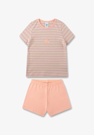 Gestreiftes Pyjama-Set in Pastellfarben; kurzärmeliges Oberteil mit einem kleinen gestickten Design und passenden Pfirsichshorts mit elastischem Bund.