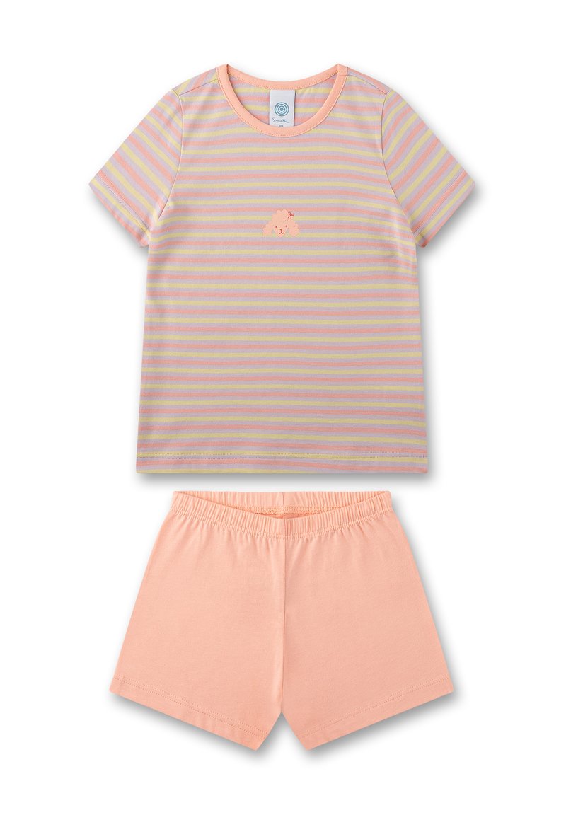 Gestreiftes Pyjama-Set in Pastellfarben; kurzärmeliges Oberteil mit einem kleinen gestickten Design und passenden Pfirsichshorts mit elastischem Bund.