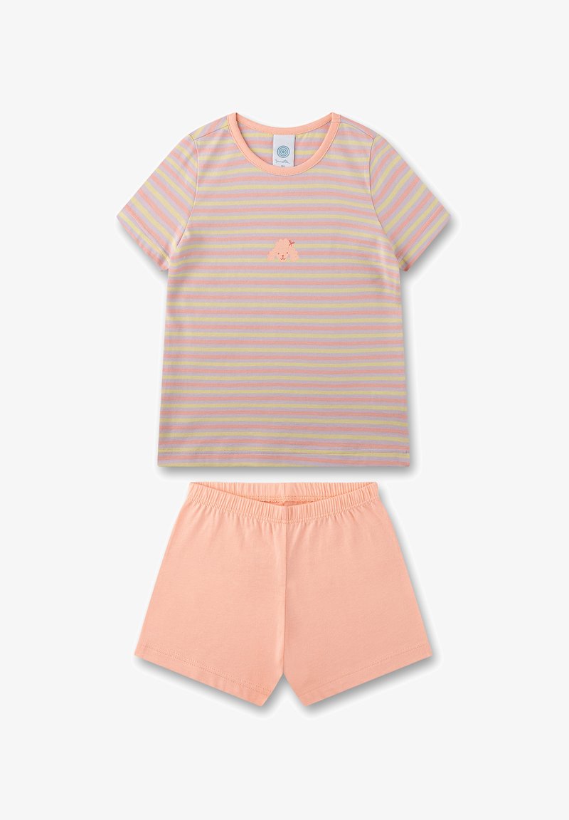 Gestreiftes Pyjama-Set in Pastellfarben; kurzärmeliges Oberteil mit einem kleinen gestickten Design und passenden Pfirsichshorts mit elastischem Bund.