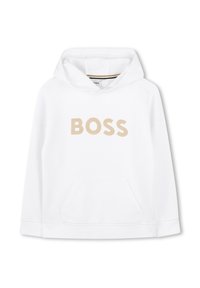 Felpa bianca realizzata in tessuto morbido, con una tasca a marsupio frontale e un grande logo "BOSS" beige stampato sul petto.