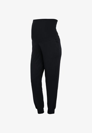 Černé těhotenské tepláky s elastickým pasem přes břicho, bočními kapsami, zúženými nohavicemi a elastickými manžetami u kotníků. Měkká textura látky.