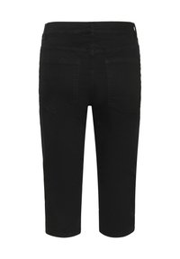Pantaloni neri a vita alta in denim morbido, dotati di tasche posteriori, cuciture delicate e una vita aderente. Design pulito, senza abbellimenti visibili.