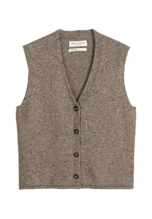 Bruine, mouwloze cardigan met een V-hals, gemaakt van een getextureerde gebreide stof. Voorzien van een knoopsluiting en een gespikkeld patroon over het hele kledingstuk.