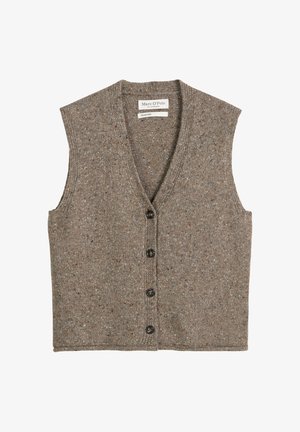 Bruine, mouwloze cardigan met een V-hals, gemaakt van een getextureerde gebreide stof. Voorzien van een knoopsluiting en een gespikkeld patroon over het hele kledingstuk.