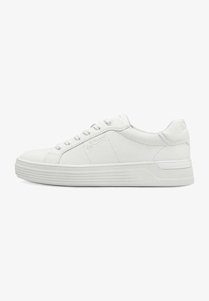White sneaker made of smooth synthetic material, featuring round toe, flat sole with horizontal grooves, and branded side panel.
