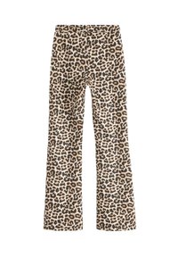 Leopardprint broek gemaakt van zachte stof, met een hoge taille, uitlopende benen en een mix van beige en zwarte patronen.