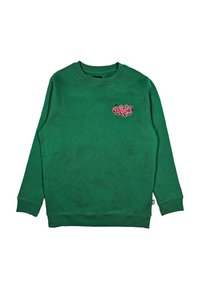 Sudadera verde con cuello redondo, mangas largas y un acabado texturizado. Presenta un gráfico rosa en el pecho y puños y dobladillo acanalados.