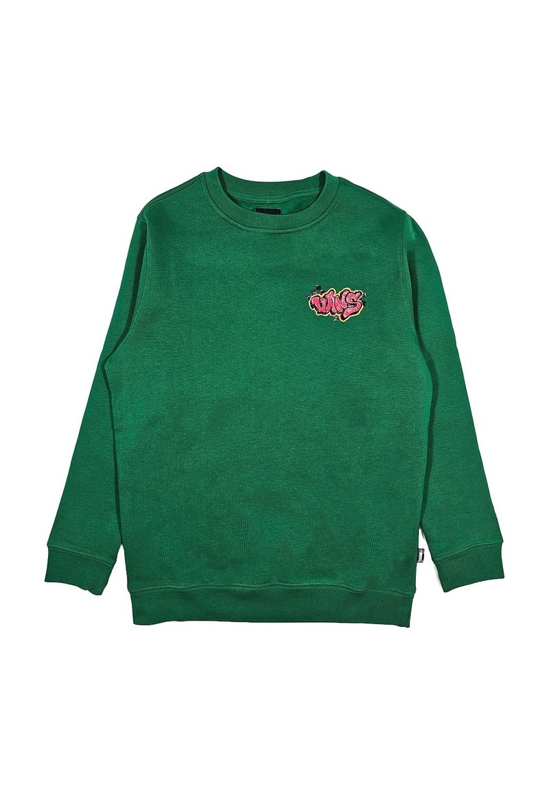 Sudadera verde con cuello redondo, mangas largas y un acabado texturizado. Presenta un gráfico rosa en el pecho y puños y dobladillo acanalados.