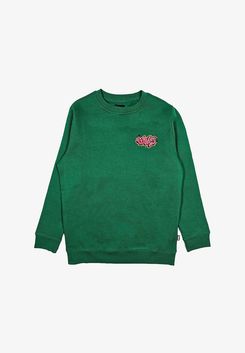 Sudadera verde con cuello redondo, mangas largas y un acabado texturizado. Presenta un gráfico rosa en el pecho y puños y dobladillo acanalados.