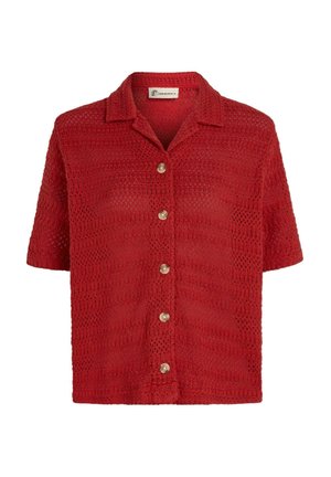 Camicia rossa a maniche corte in tessuto intrecciato, con chiusura frontale a bottoni, collo aperto e motivo testurizzato, design traspirante e bottoni rotondi.