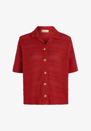 Czerwona, tkana koszula z krótkim rękawem, z przodem zapinanym na guziki, kołnierzem typu spread, teksturowanym wzorem, przewiewnym materiałem i okrągłymi guzikami.